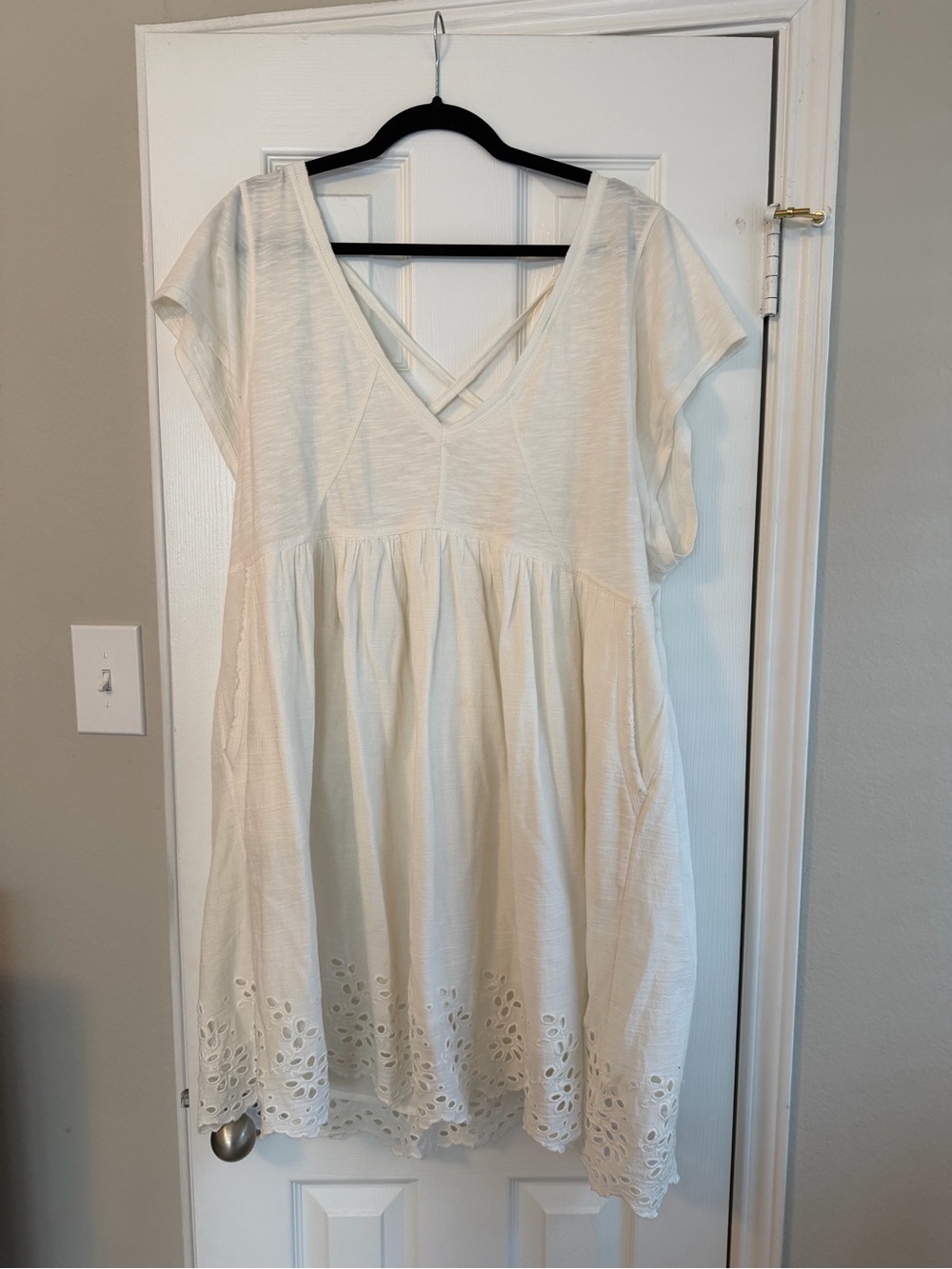Cream Eyelet-Trim V-Neck Mini Dress- Anthropolgie